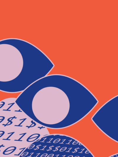 Orange background with graphics of eyes made from dark blue and light purple shapes. Below are rounded hills of binary code in light purple and dark blue