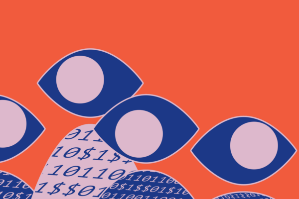 Orange background with graphics of eyes made from dark blue and light purple shapes. Below are rounded hills of binary code in light purple and dark blue