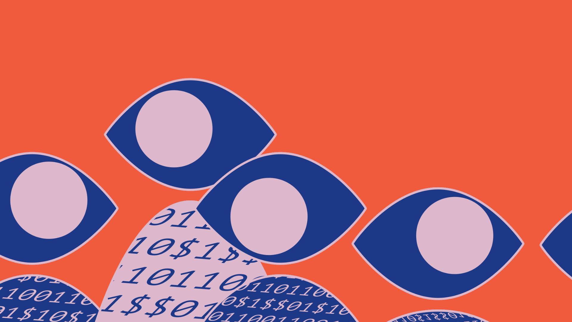 Orange background with graphics of eyes made from dark blue and light purple shapes. Below are rounded hills of binary code in light purple and dark blue