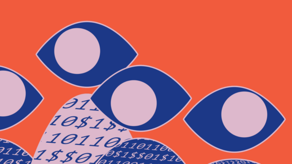 Orange background with graphics of eyes made from dark blue and light purple shapes. Below are rounded hills of binary code in light purple and dark blue