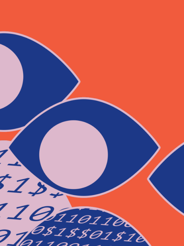 Orange background with graphics of eyes made from dark blue and light purple shapes. Below are rounded hills of binary code in light purple and dark blue
