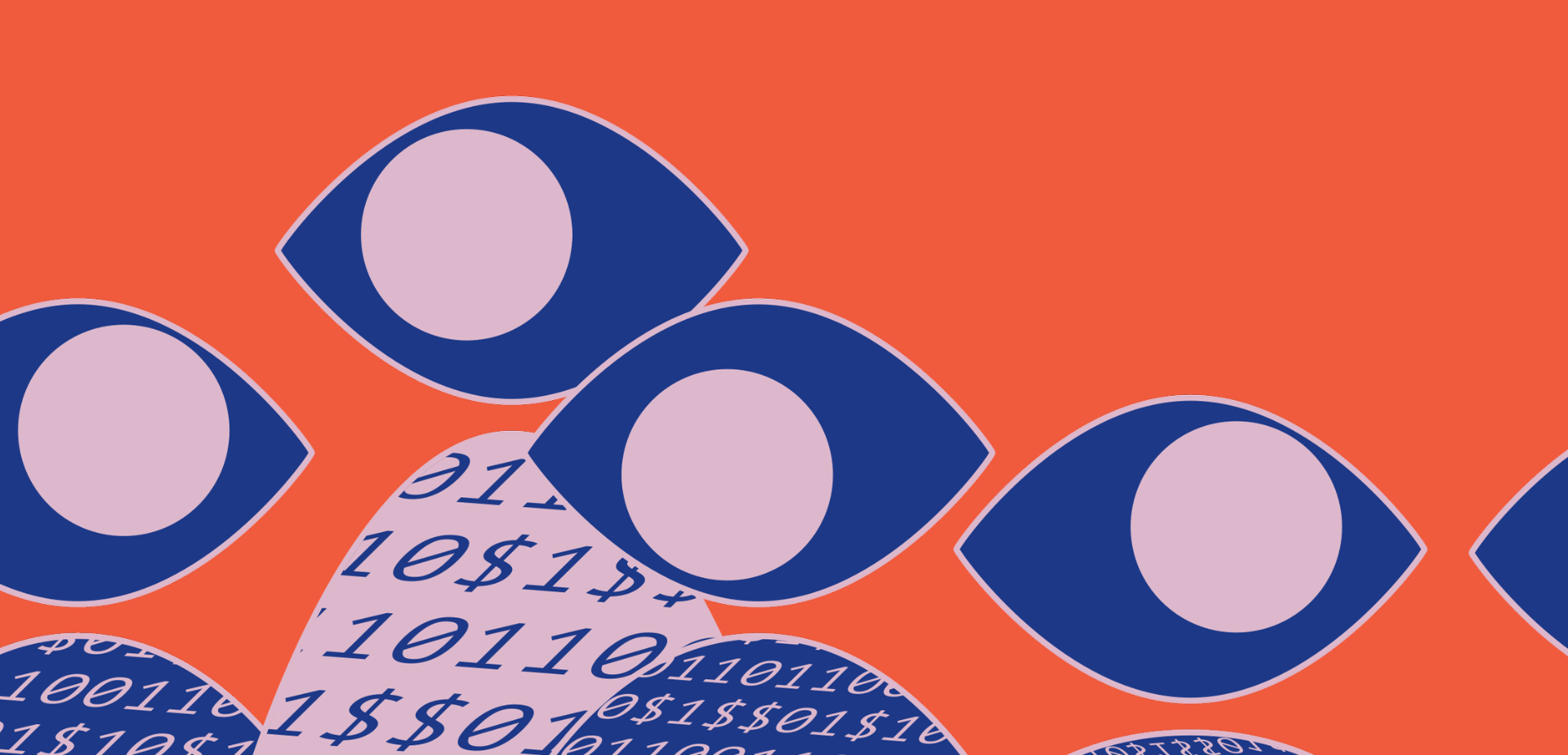 Orange background with graphics of eyes made from dark blue and light purple shapes. Below are rounded hills of binary code in light purple and dark blue