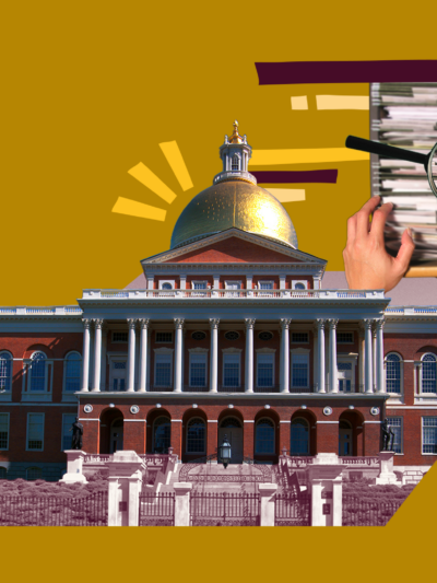A graphic showing the Massachusetts State House and a filing cabinet, signifying transparency