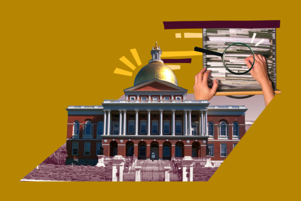 A graphic showing the Massachusetts State House and a filing cabinet, signifying transparency