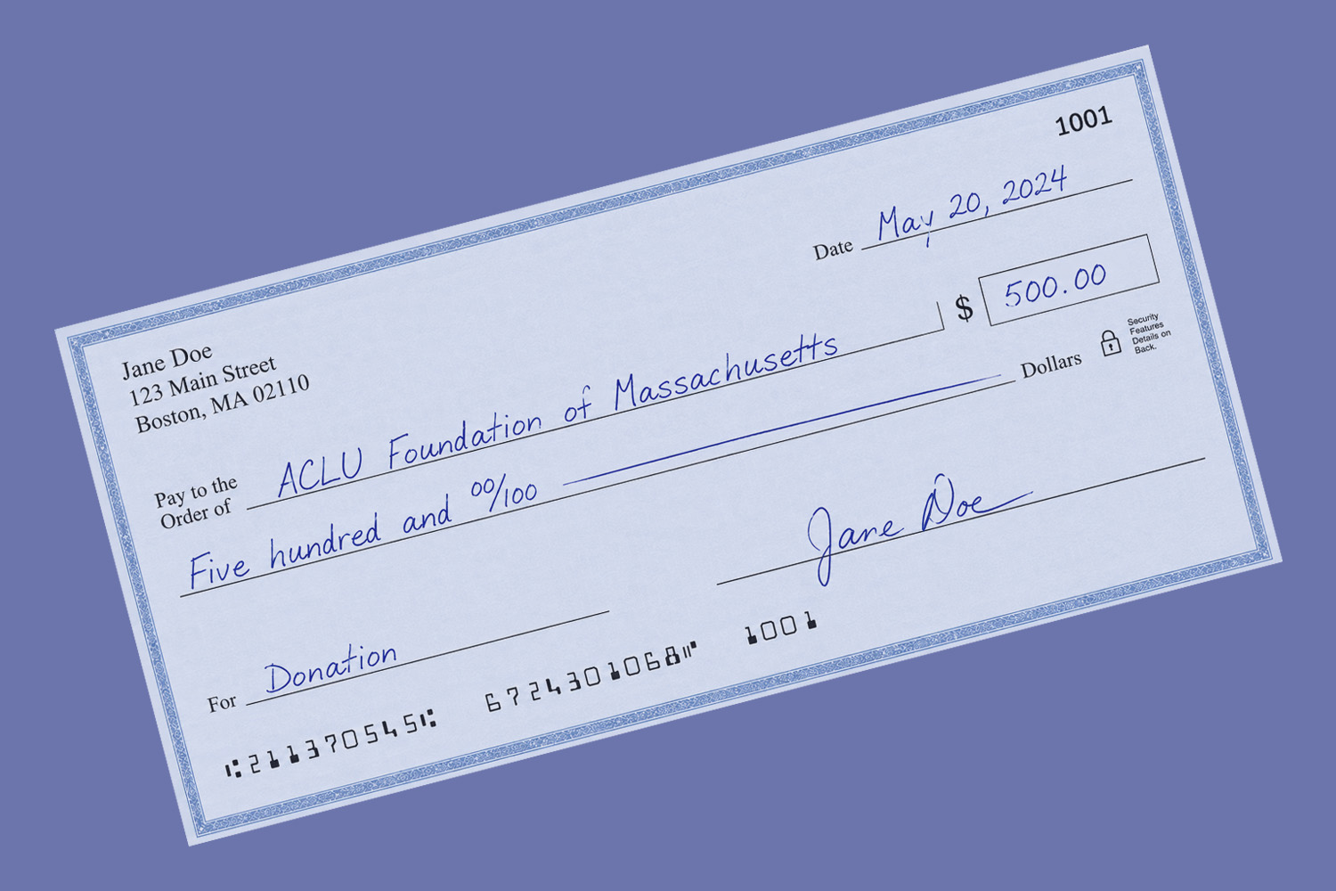 Image of a check written to the ACLU Foundation of Massachusetts with Donation written in the memo line