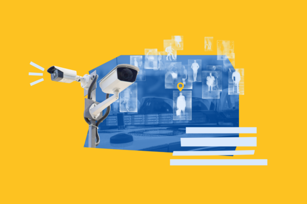 Yellow background collage graphics with various blue technology images including a camera, location pin, facial recognition software and light blue lines.