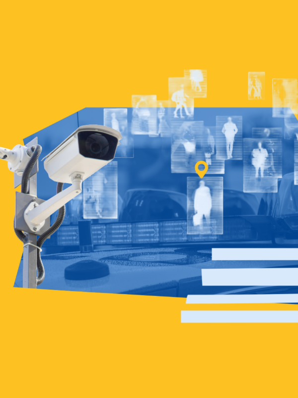 Yellow background collage graphics with various blue technology images including a camera, location pin, facial recognition software and light blue lines.