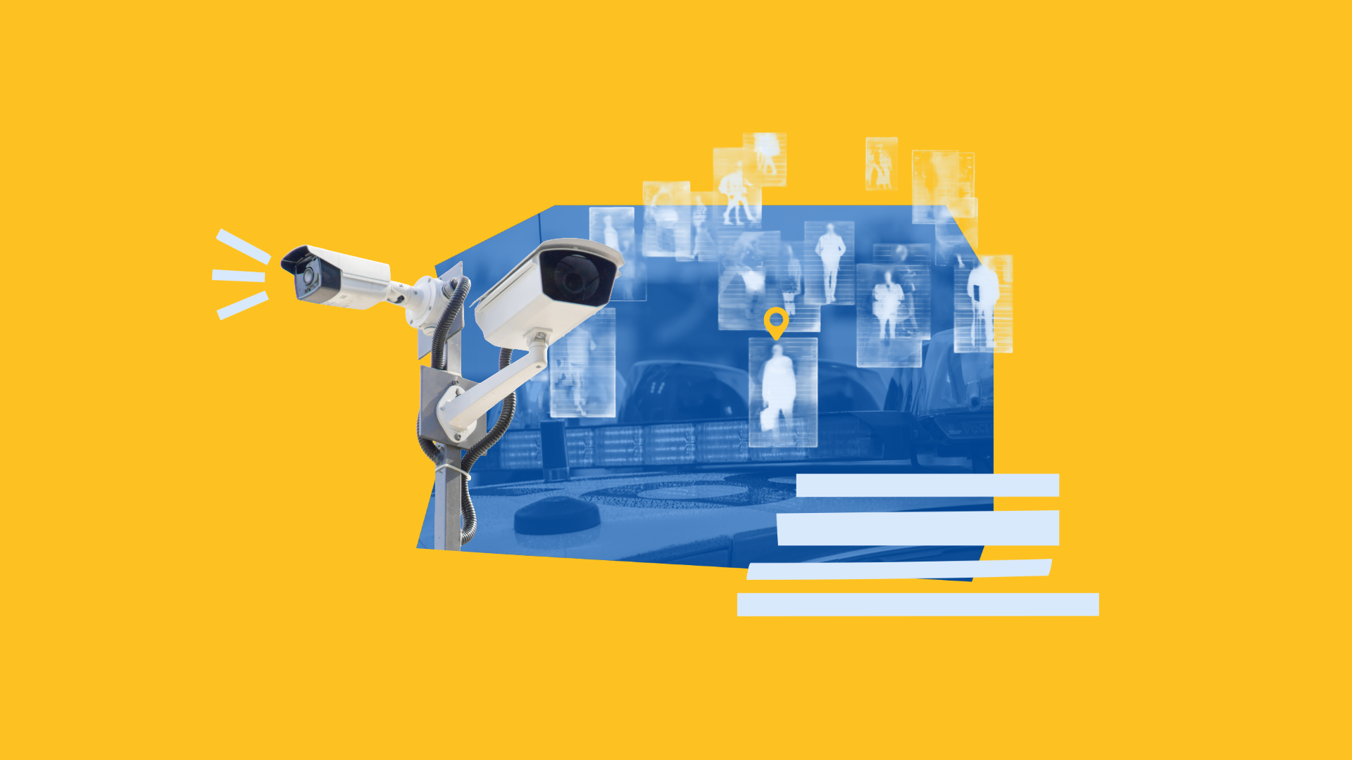 Yellow background collage graphics with various blue technology images including a camera, location pin, facial recognition software and light blue lines.