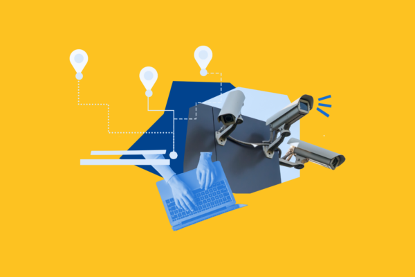 Collage of technology including a street camper, laptop, location pins and a blue decorative geometric shape.