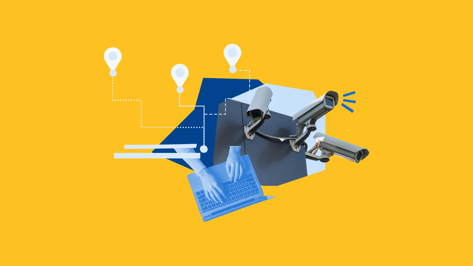 Collage of technology including a street camper, laptop, location pins and a blue decorative geometric shape.