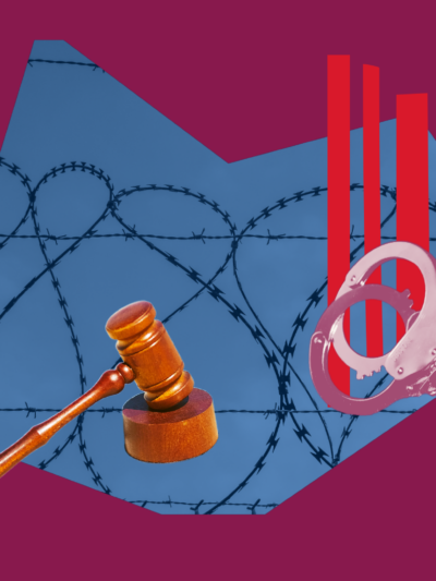 Maroon collage of various criminal justice items including handcuffs, a gavel, and barbed wire.