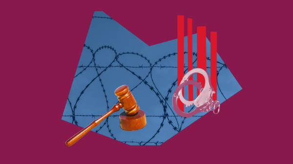 Maroon collage of various criminal justice items including handcuffs, a gavel, and barbed wire.