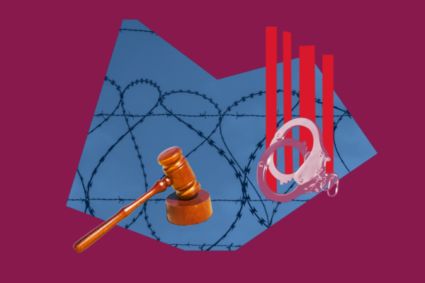 Maroon collage of various criminal justice items including handcuffs, a gavel, and barbed wire.