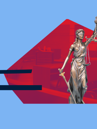 Light blue collage with lady justice, and a red court room