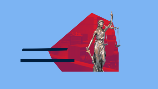 Light blue collage with lady justice, and a red court room