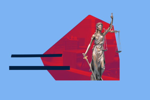 Light blue collage with lady justice, and a red court room