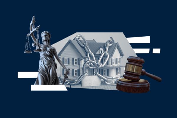 Dark blue graphic that shows civil asset forfeiture with symbols of justice.