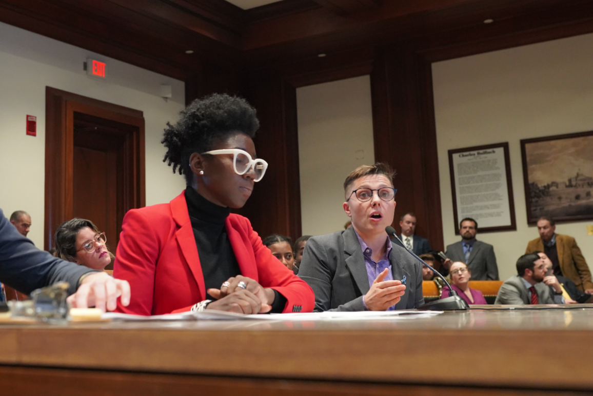 Joy Buolamwini and Kade Crockford testify at the State House