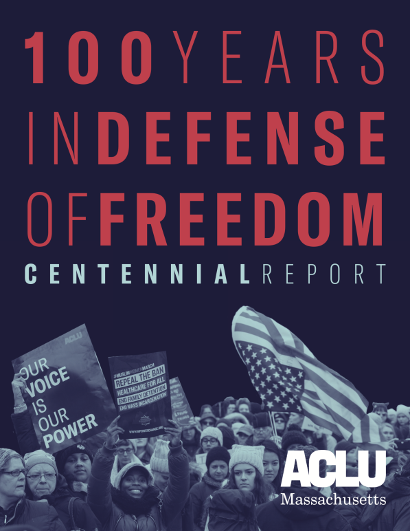 "100 years in defense of freedom: centennial report" in red letters over blue image of people rallying