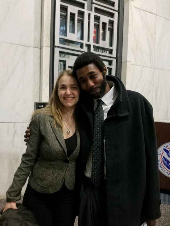 ACLU of Massachusetts staff attorney Adriana Lafaille and client Clayton Gordon outside courtroom