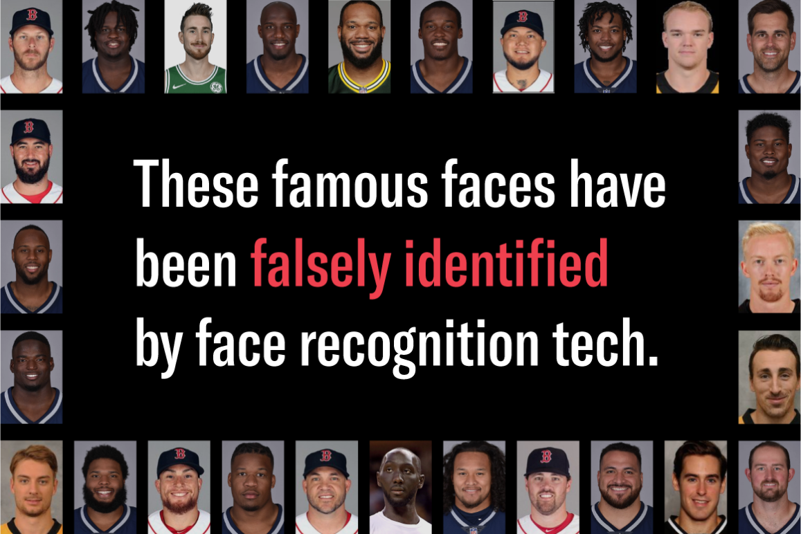 Collage of famous New England professional athletes who were falsely identified by face recognition tech.