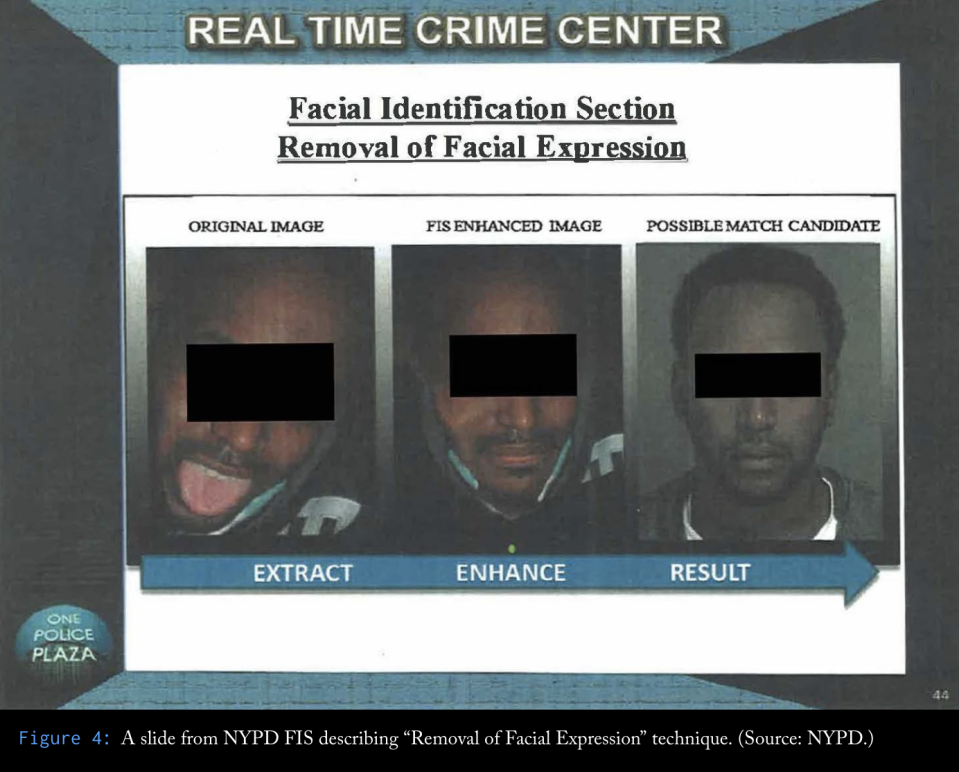 A slide from NYPD FIS describing "removal of facial expression" technique