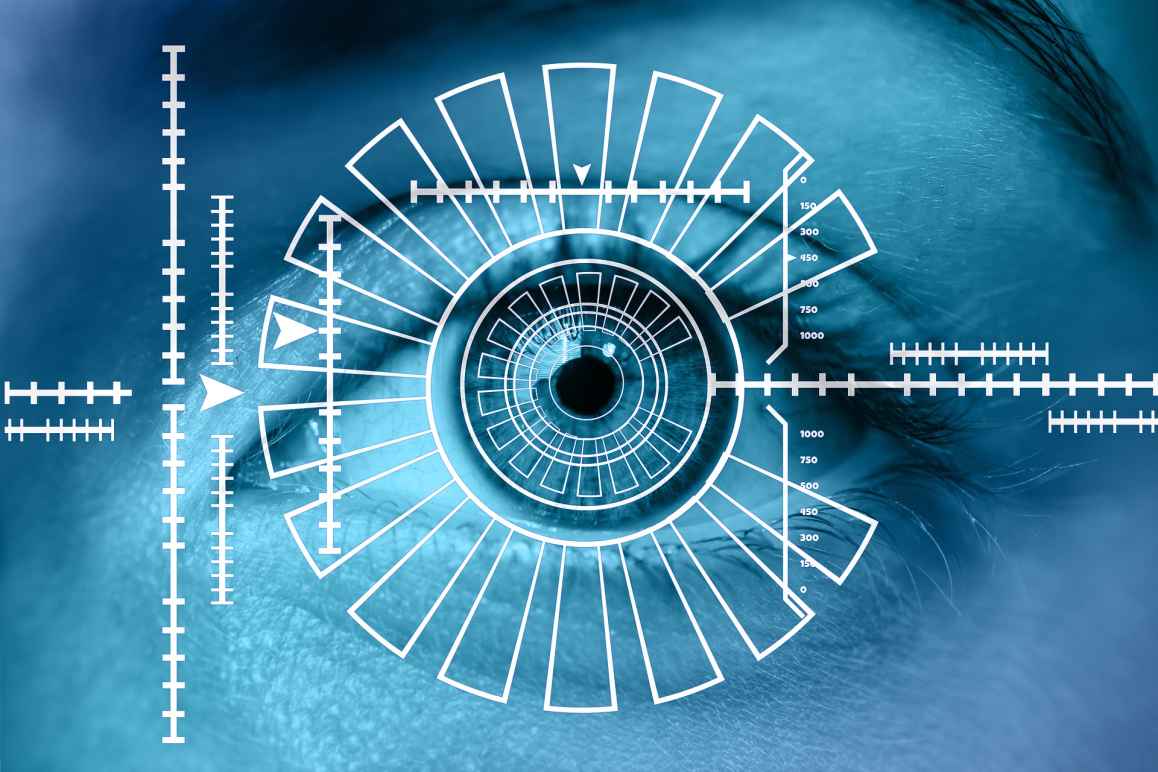 Person's eye with bars around it to represent face surveillance