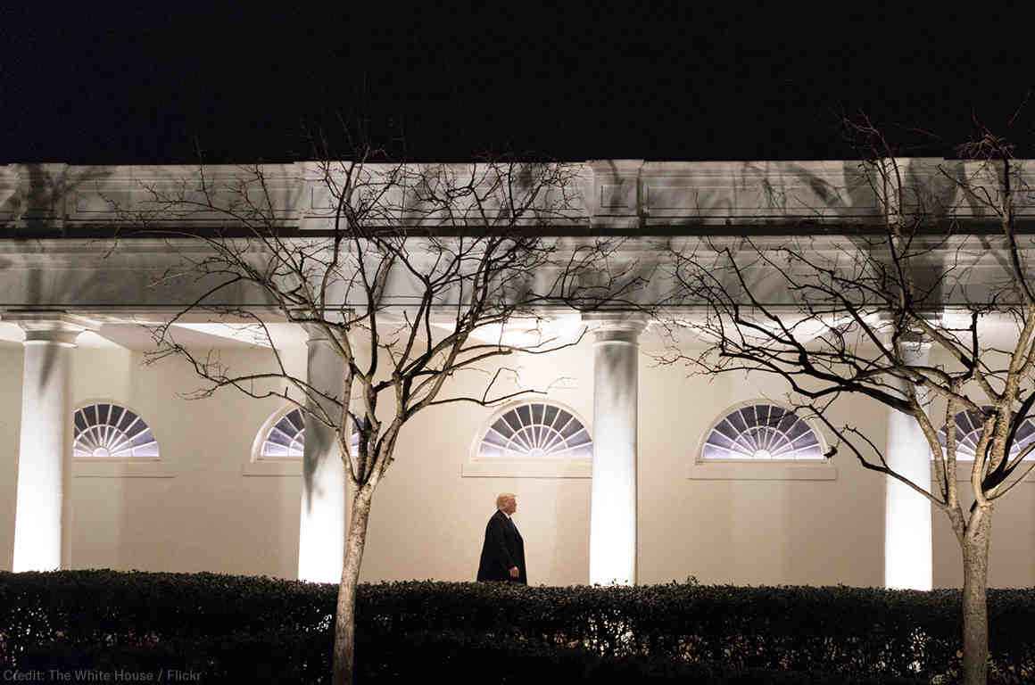 President Donald J. Trump walks down the West Colonnade of the White House