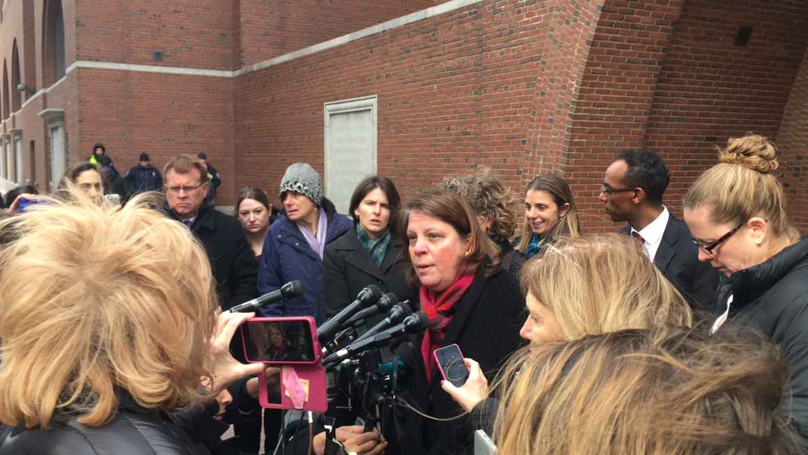 Carol Rose speaks with reporters about a hearing on our legal challenge to President Trump&#039;s Muslim travel ban, February 3, 2017, in Boston