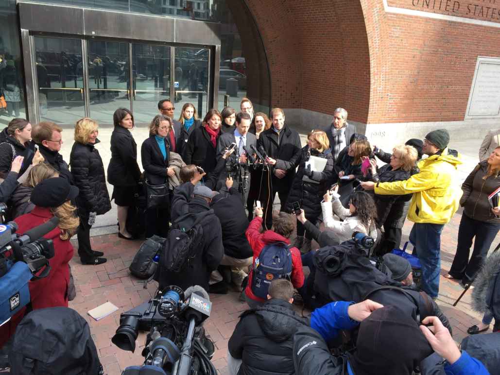 Matthew Segal speaks to reporters outside the Boston federal court following the February 1st hearing on Louhghalam v. Trump