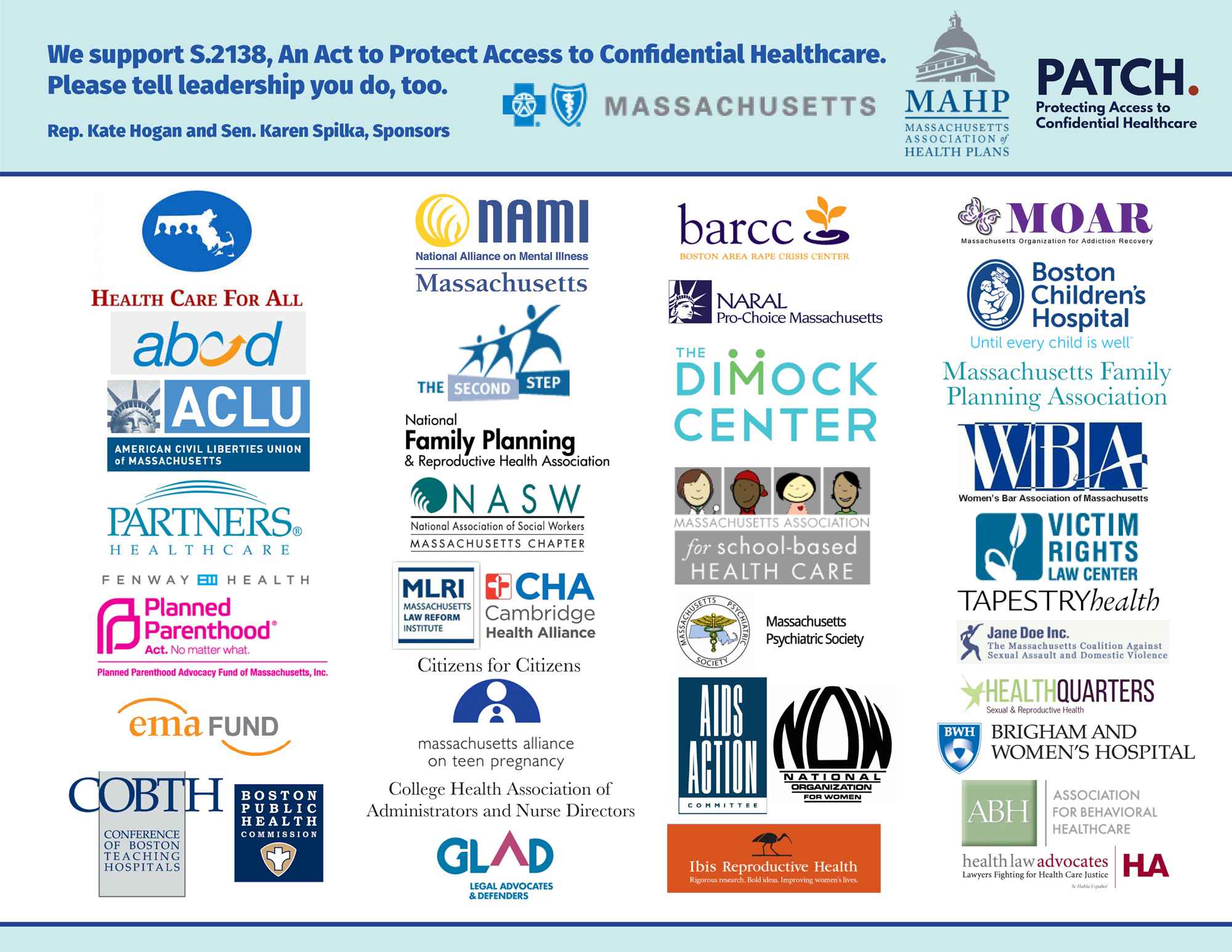 Graphic listing supporters of An Act to Protect Access to Confidential Healthcare